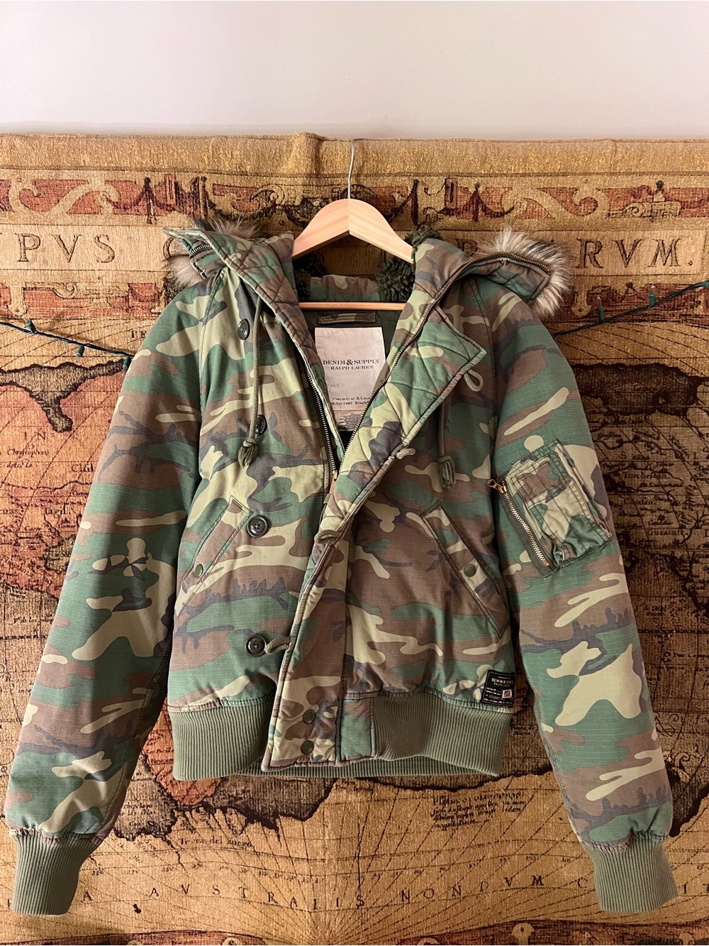 Denim & Supply Ralph Lauren Camo Bomber Hoodie Jacket Down & Feather size S